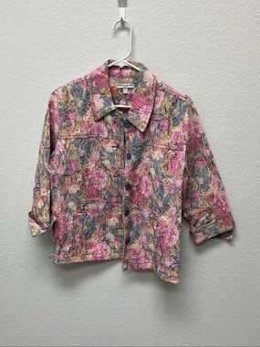 Rebecca Malone Pink Multicolor Floral Cropped Jean Jacket